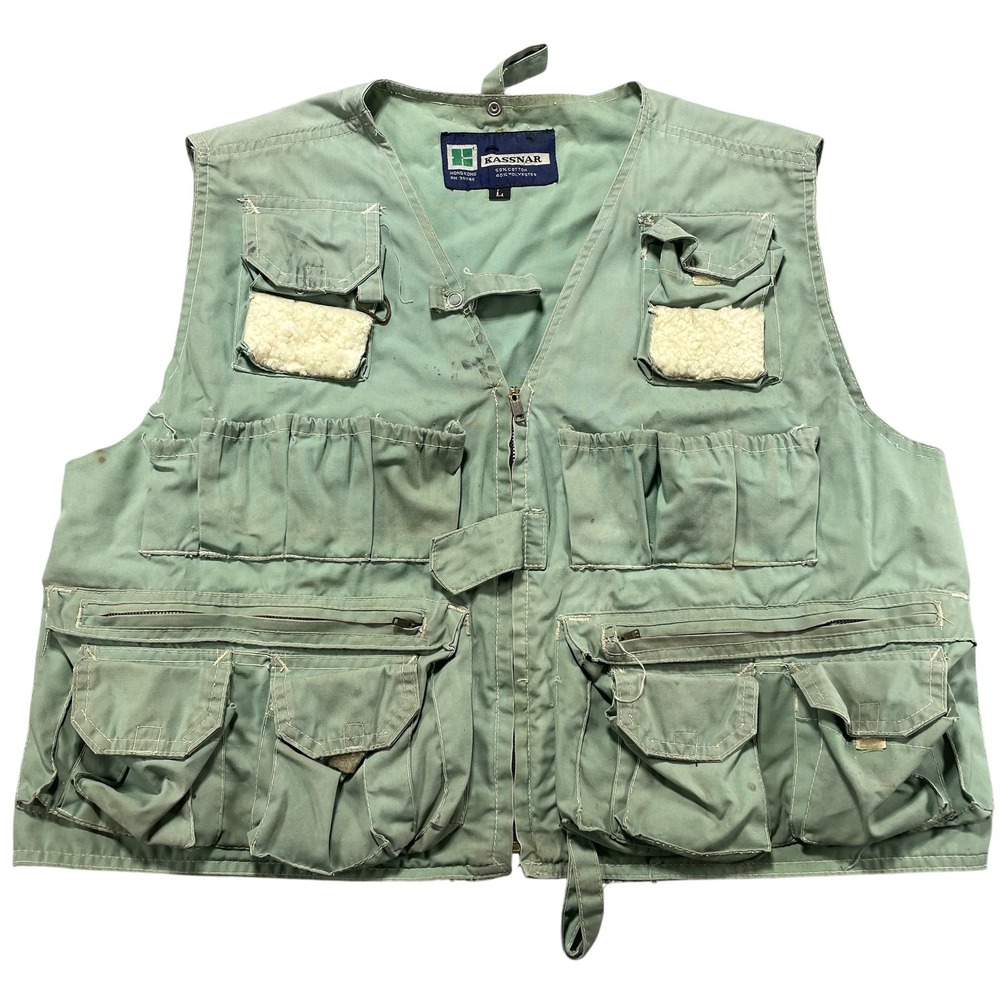 Vintage Kassnar Vest Mens Large Green Canvas Hunting Fishing Hong Kong 80s